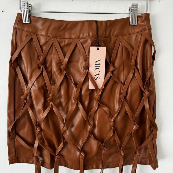 Micas Brown Faux Leather Fringe Mini Skirt Boho Festival Party Wear M - Picture 4 of 10